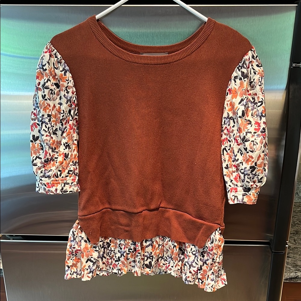 Rust Brown Sweater with Floral Sleeves